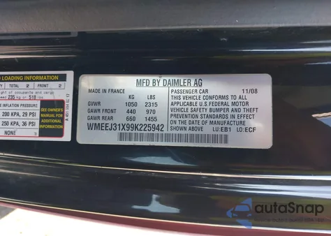 2009 Smart Fortwo Brabus/Passion/Pure из США, поврежденный, VIN WMEEJ31X99K225942